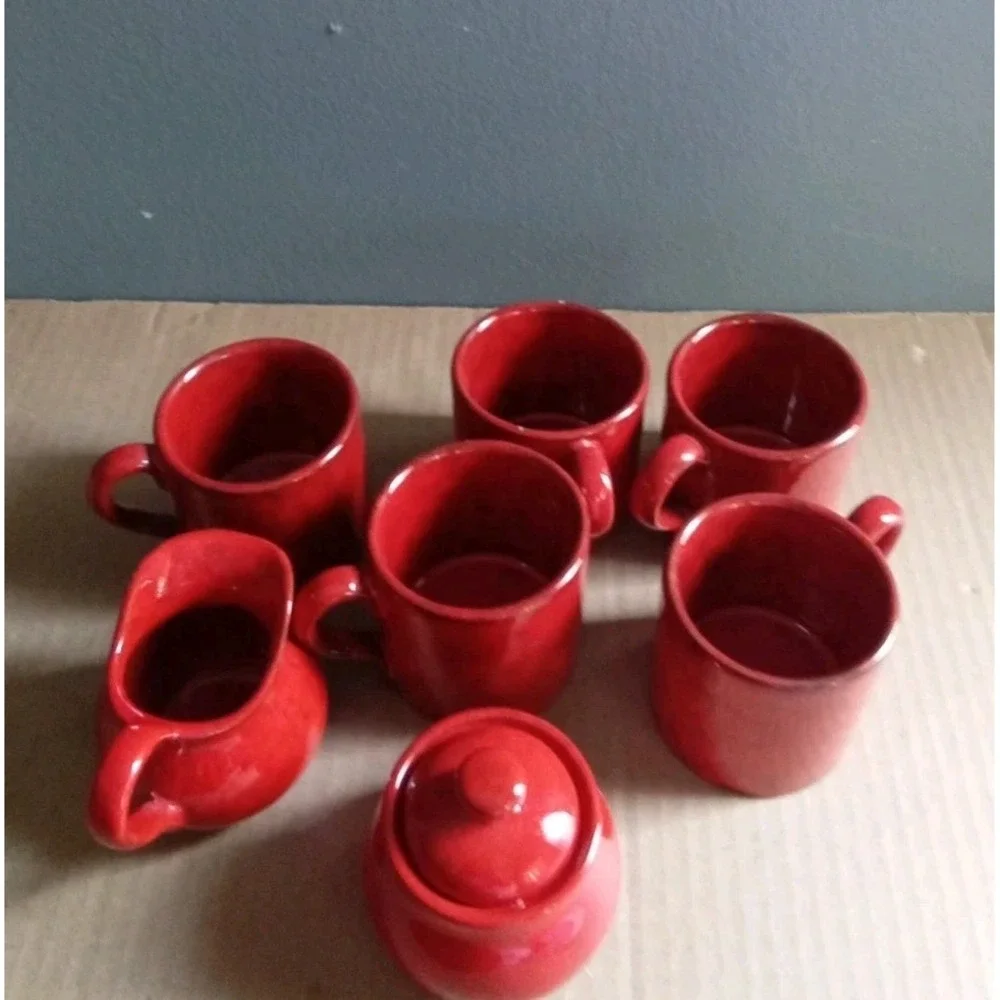 Red Ceramic Coffee Set,‎ 5Cups, Creamer, Sugar Bowl and Lid Included